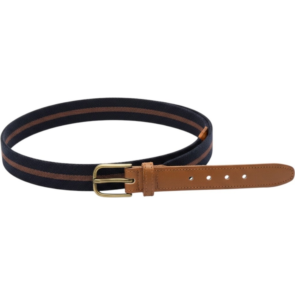 Navy Blue and Brown Striped Canvas Web Belt with Faux Leather Trim Brass Buckle